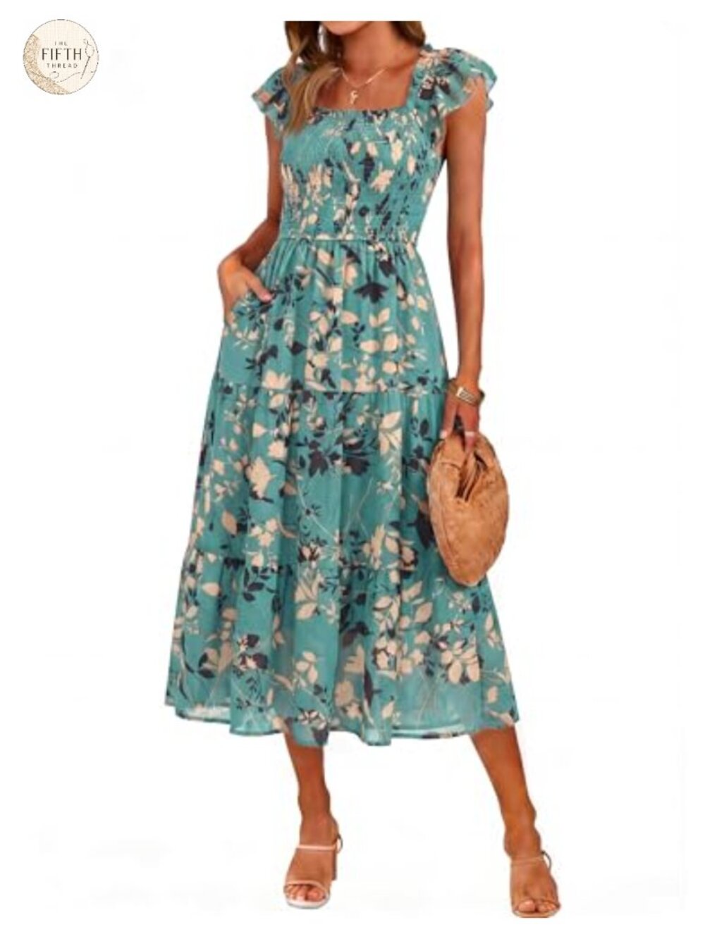Simplee Floral Midi Dress Flutter Sleeve Smocked Chiffon Boho Dress with Pockets